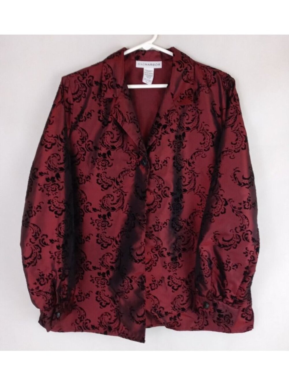 Sag Harbor Red One Button Blouse With Black Flocked Velvet Floral Design Medium